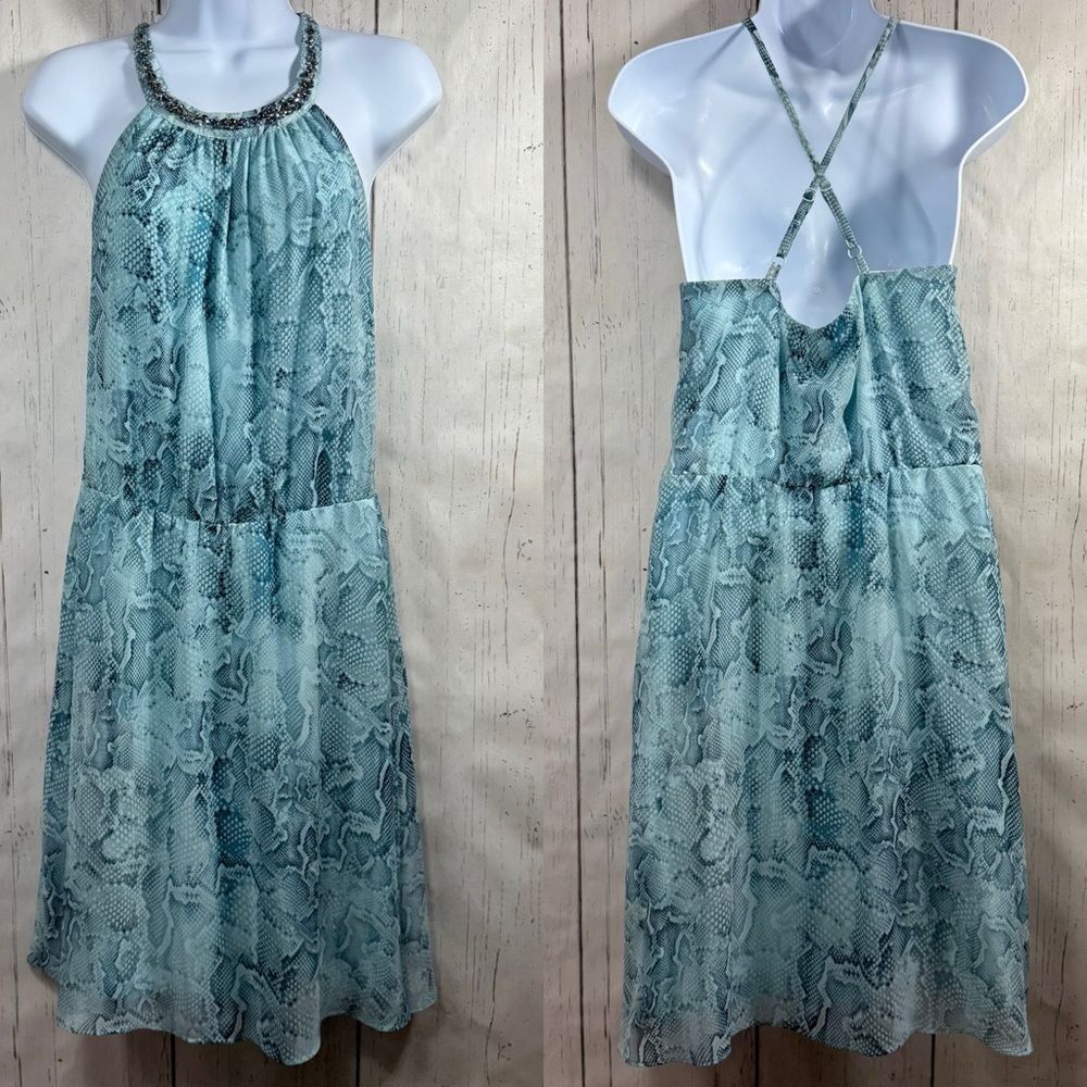 White House Black Market Snake Print Halter Midi Dress Aqua Resort Vacation XS